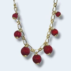 Vintage‎ Talbot's Gold Tone Cherry Red Beaded Ball Necklace Signed 16"-20"